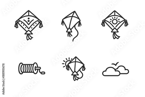 Various kites and accessories represented in simple line art design