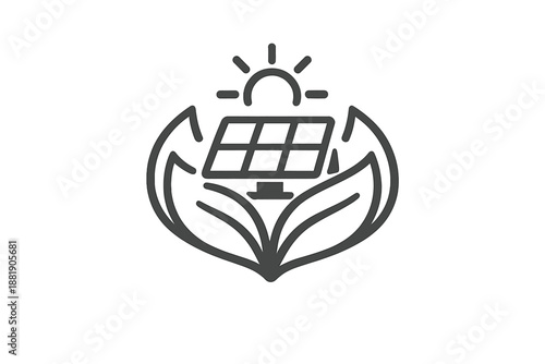 Solar panel on leaves with sun symbol representing renewable energy