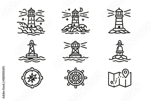 Different designs of lighthouses and nautical symbols on a plain