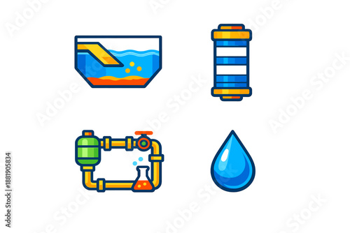 Different elements of water treatment process with tank battery pipes