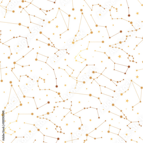 Seamless pattern with gold constellation on white. Astrology vector illustration