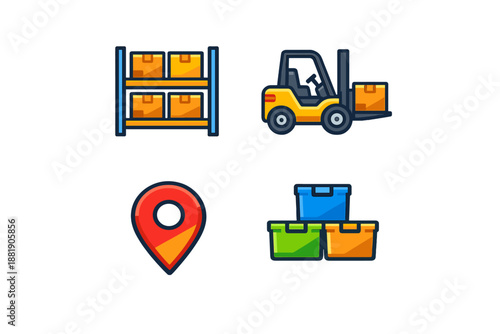 Forklift moves boxes in warehouse location with storage shelves and