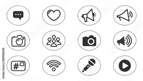 Social Media and Communication Vector Icon Set for Online Networking, Digital Content Sharing, and Global Messaging Designs