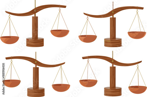 Wooden Balance Scale Set Vector Illustration Isolated on White Background for Justice, Law, and Equality Concept Design