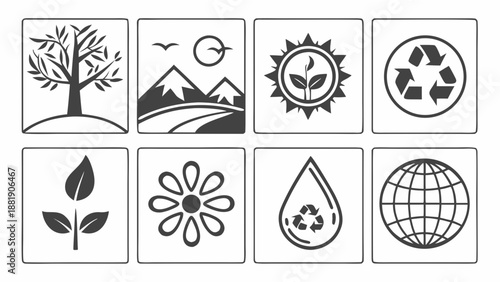 Scenic Nature and Environment Vector Icon Set Representing Outdoors and Ecology