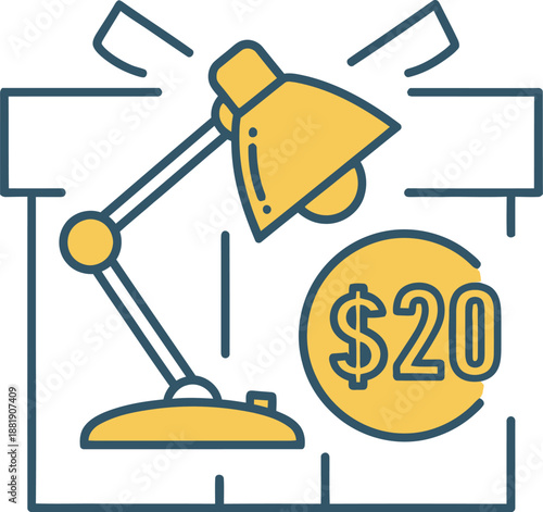 Affordable desk lamp in cardboard box with twenty dollar price tag, symbolizing budget friendly office lighting solution for home or workspace