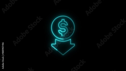 Neon cost reduction icon animation. Dollar down icon. Low price dollar concept. Cash with down arrow stocks graph, concept of financial crisis, market fall. Abstract neon glowing reduce-cost icon .