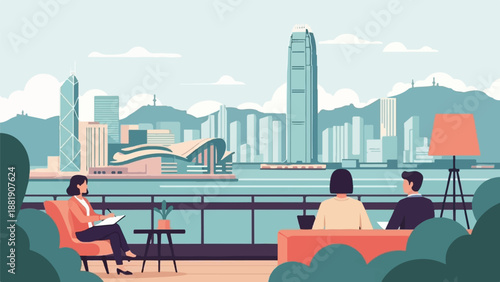 Stylized pixel art of a harbor cityscape with people relaxing on a balcony