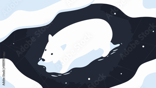 Stylized polar bear floats in dark, icy water