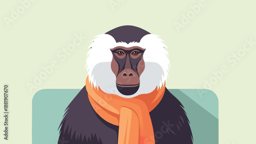 Stylized portrait of a baboon wearing an orange scarf, set against a pale background