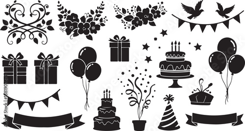 Black and white birthday party celebration icons and symbols