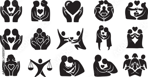 Black and white icons of people showing love care