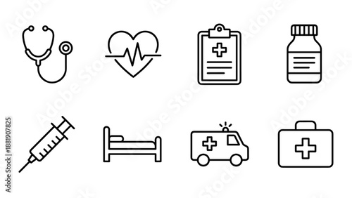 Set of 8 minimalist healthcare line icons including stethoscope, heart rate, medical report, medicine bottle, syringe, hospital bed, ambulance, and first aid kit symbols for medical design