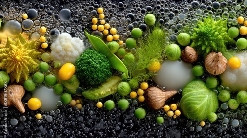 Vibrant Display of Fresh Vegetables and Greens with Textured Bubbles on a Dark Background