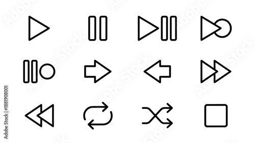 Minimalist multimedia control icons set. Play, pause, stop, forward, rewind, shuffle, repeat, next, and previous buttons. Simple line art style for media player interface and app design.