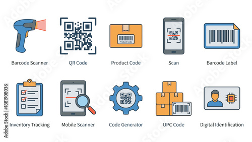 Barcode and QR code icons set. Scanner gun, mobile phone scan, product label. Inventory tracking checklist, upc code box, digital id card. Logistics retail warehouse symbols vector.