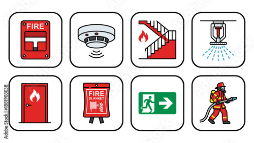 Fire safety icons collection. Emergency equipment signs. Firefighter, alarm, smoke detector, sprinkler, exit door. Protection symbols. Danger warning vector. Rescue gear. Caution