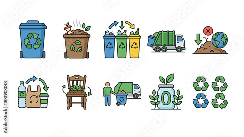 Recycling waste management icons. Eco friendly sustainability. Garbage truck, compost bin, trash sorting. Zero waste lifestyle. Upcycling furniture. Environmental protection vector.