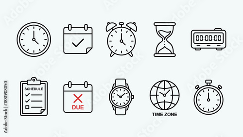 Time management icons set. Clock calendar alarm hourglass timer schedule deadline watch. Business productivity planning. Efficiency workflow. Stopwatch reminder symbol collection.