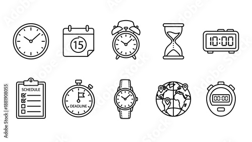 Time management icons set. Line art vector collection. Clock, calendar, alarm, hourglass, stopwatch. Productivity symbols. Business planning deadline. Schedule efficiency. Watch.