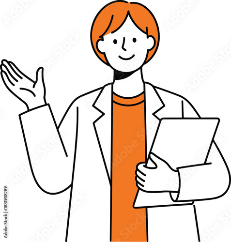 Flat vector illustration of a medical professional with orange hair wearing a white lab coat holding a clipboard