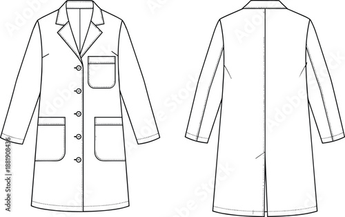 Flat vector technical fashion sketch of a professional medical lab coat featuring front and back view design details