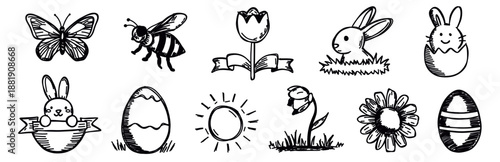 vector illustration: set of various hand-drawn spring and easter symbols. tulip, bunny, sun, butterfly, rabbit, easter egg, flower, bee isolated on white or transparent png
