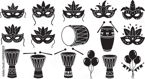 Carnival Masks and Drums for Festive Party Celebrations Vector