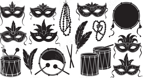 Mardi Gras Carnival Masks and Drums Vector Illustration Set