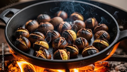 Roasting Chestnuts in Cast Iron Pan.