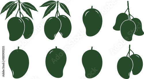 Mango, silhouette, fruit, green, tropical, stem, leaf, shape, design, fresh, organic, healthy, juicy, exotic, minimal, illustration, food, nutrition, icon, pair, variation, collection