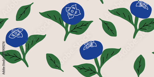 Hand-Drawn Blueberry and Leaf Seamless Pattern