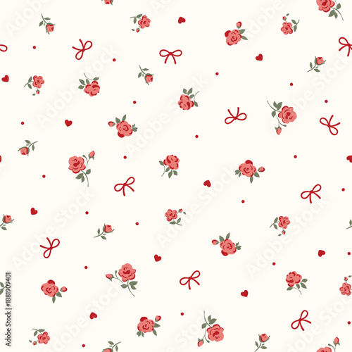 Valentine's Day seamless pattern with bows, flowers and hearts on pink background. Perfect for wallpaper, gift paper, romantic greeting cards. Vector hand drawn illustration