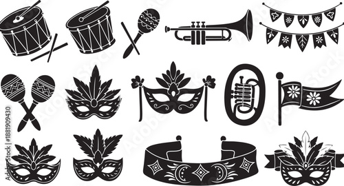 Mardi Gras Carnival Masks and Party Symbols Illustration Set