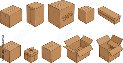 Collection of cardboard boxes in various shapes and sizes including open boxes, gift boxes and fragile packaging for shipping illustration and storage themed graphics