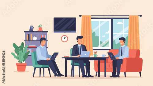 Three men in office attire working on laptops in a modern, bright room