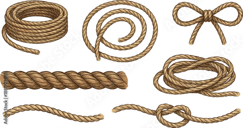 Collection of coiled, knotted and twisted rope elements for nautical illustration, craft design, western themed artwork and natural material decorative resources