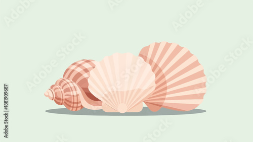 Three pastel-toned seashells arranged in a row on a light green background