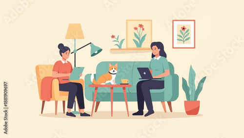 Two people and a dog in a living room, one works on laptop