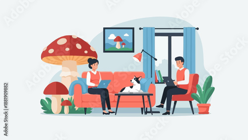 Two people and a dog in a room with giant mushrooms and plants
