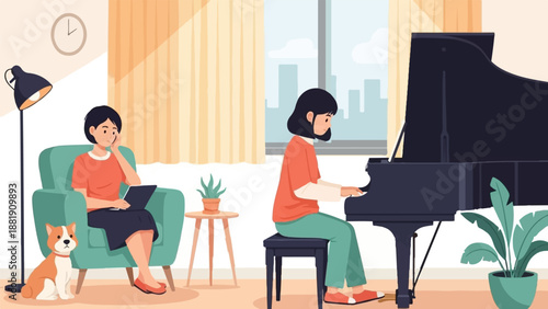Two girls with a dog in a cozy room with a piano and couch