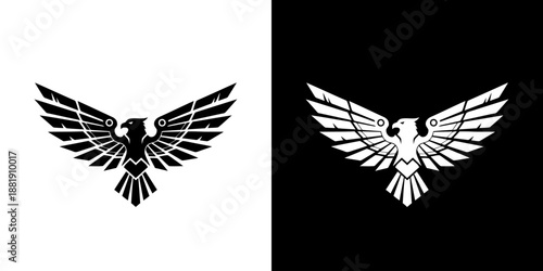 Black and white eagle silhouettes with outstretched wings on split contrasting