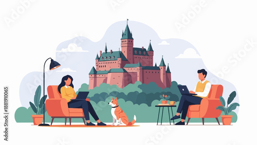 Two people and a dog relax and work on laptops with a castle backdrop