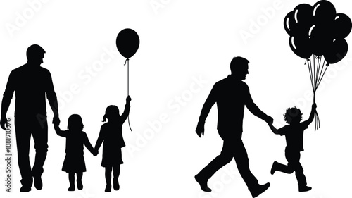 Silhouette, family, children, walking, balloon, adult, parenting, joy, , skipping, bonding, celebration, love, outdoors, care, companionship, playful, happy, interaction, motion, childhood, lifestyle
