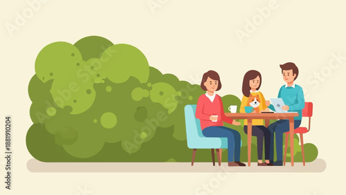 Three people and dog sitting at a table outdoors near greenery