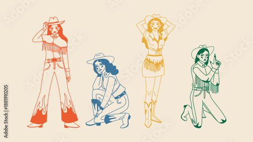 Retro cowgirl illustrations set, vintage western woman characters in cowboy hats and boots, colorful line art vector collection.