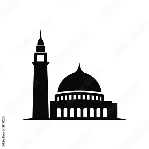 Vector illustration icon black silhouette of a mosque with a dome and minaret
