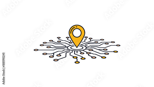 Yellow location pin marker placed on a digital circuit board pattern symbolizing GPS tracking and geographical technology solutions.