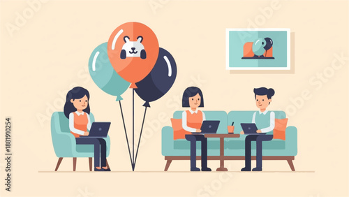 Three people are working on laptops around balloons and furniture