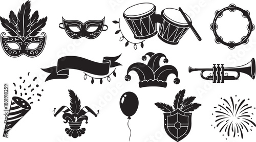 Mardi Gras Carnival Party Symbols and Icons Collection